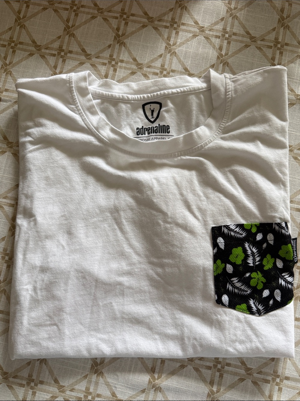 Adrenaline White Short-Sleeve Tee with Black Floral Pocket